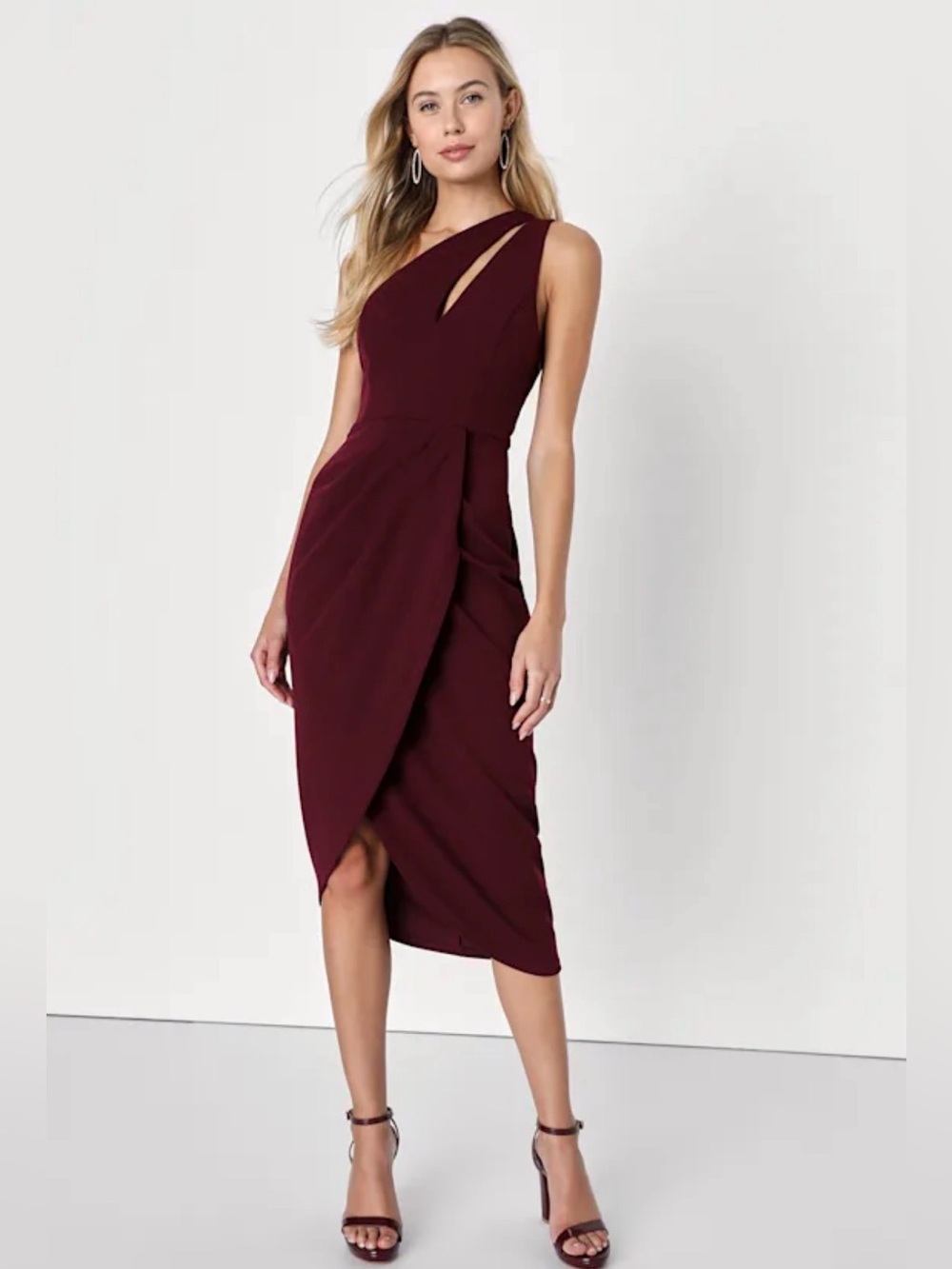 Lulus So Flirty Burgundy One Shoulder Cutout Asymmetrical Midi Dress S